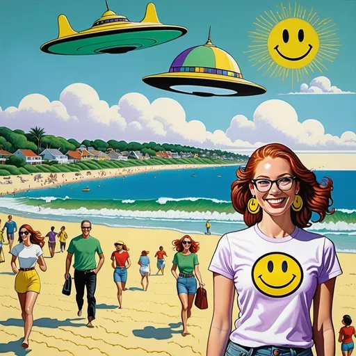 Prompt: 25-year-old woman, green eyes. cover with dark freckle. long ginger hair ginger in a French braid. wearing lipstick red. broad rimmed eyeglasses purple

the is  woman wearing a white t-shirt. 

the  t-shirt has a yellow smiley face with two eyes and a smile on it's face, with a black outline, Dave Gibbons, naive art, smile, a digital rendering

 the woman is wearing  earrings.

the earrings has a yellow smiley face with two eyes and a smile on it's face, with a black outline, Dave Gibbons, naive art, smile, a digital rendering


the beach, while UFO is attacking while people are running for their lives


 1970s oil painting,