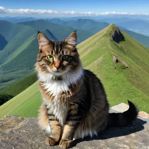 Prompt: a photo of cat sitting facing us on the highest pointed mountain peak overlook green plains