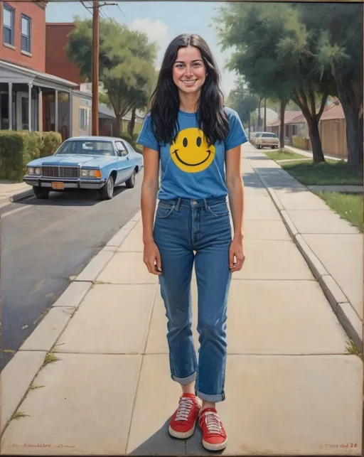 Prompt: a full-length portrait painting,
 27 year-old woman, 
standing on a dry sidewalk, 
cover with dark freckle,
 blue eyes, 
long black hair, 
a smile on her face, 
smiley-face  t-shirt, 
long blue jean,
red and blue tennis shoes,
1970s oil painting,