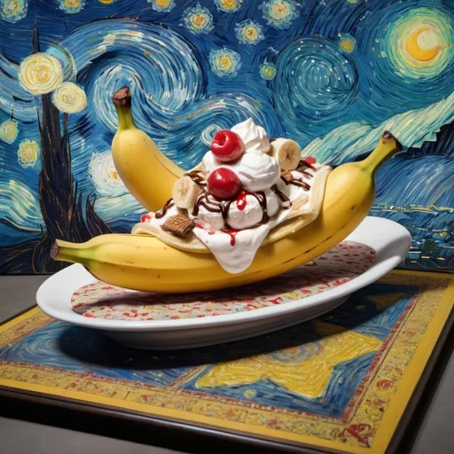 Prompt: A Banana split flying on a "magic carpet" in "The Starry Night" by Vincent van Gogh