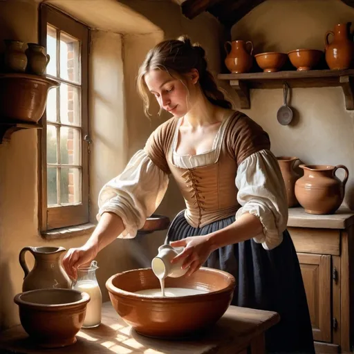 Prompt: A painting of A robust young woman   pouring milk from a  large French  Stoneware Jug in to a bowl, with soft, natural light filtering through a window. The setting is a modest humble 17th-century Dutch  kitchen, with rich, warm hues for the clothing and cool, muted tones for the background, rendered in exquisite realism.
