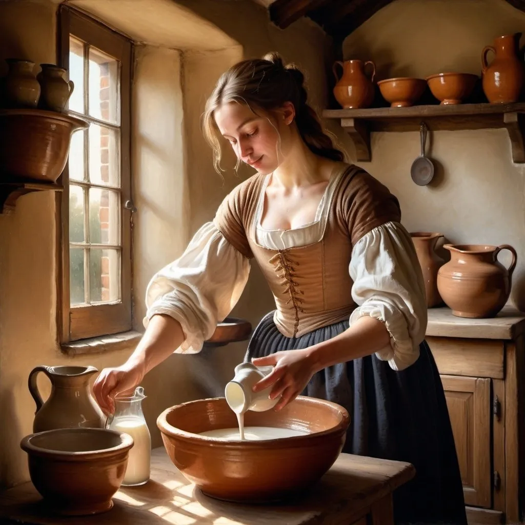 Prompt: A painting of A robust young woman   pouring milk from a  large French  Stoneware Jug in to a bowl, with soft, natural light filtering through a window. The setting is a modest humble 17th-century Dutch  kitchen, with rich, warm hues for the clothing and cool, muted tones for the background, rendered in exquisite realism.