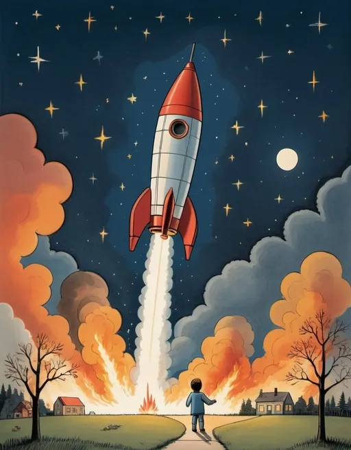 Prompt: a drawing of a of a rocket is being launched on a clear night with fire and smoke billowing out of it's back, Chris Ware, naive art, storybook illustration, a child's drawing