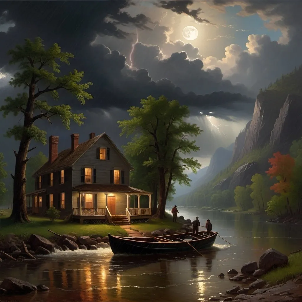 Prompt: Create a UHD, 64K, professional oil painting in the style of Albert Bierstadt, Hudson River School, american scene painting, Depict  It was a stormy night
The storm roared and rumbled in the mountains The storm increased The thunder rolled and the rain continued to beat with unabated fury
and the moon had sunk behind the dark summits of the mountains
 leaving only a dim and uncertain light a house by a river with a boat in the water
