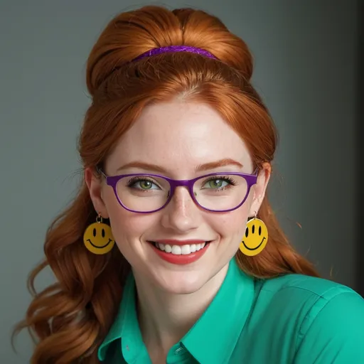 Prompt: 25-year-old woman with earrings 1970s smiley face yellow, green eyes. cover with dark freckle. long ginger hair ginger in a French braid. wearing lipstick red. broad rimmed eyeglasses purple .  yellow blouse, blue  slacks, photo, professional photo. Studio lighting, backlit, realistic lighting. hdr uhd 8k ultra-realistic render, 