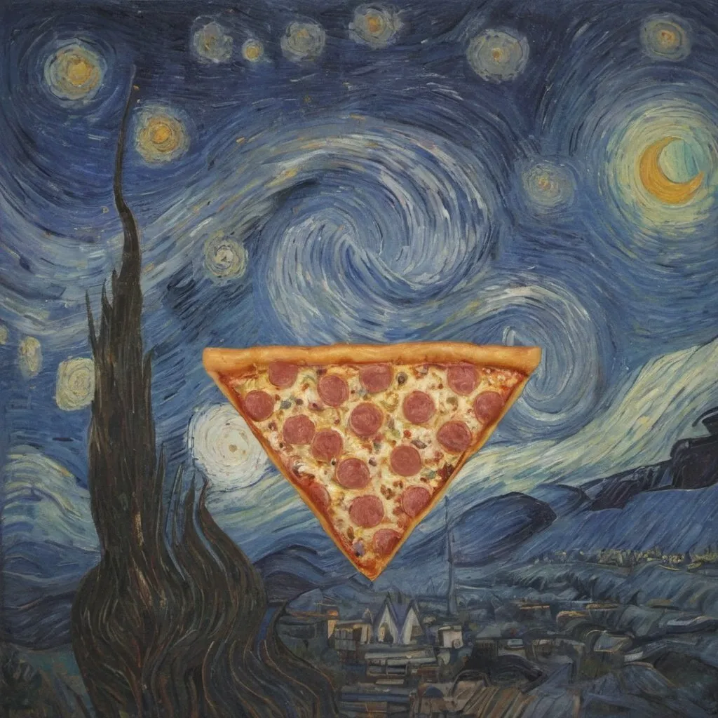 Prompt: A Pizza flying on a "magic carpet" in "The Starry Night" by Vincent van Gogh