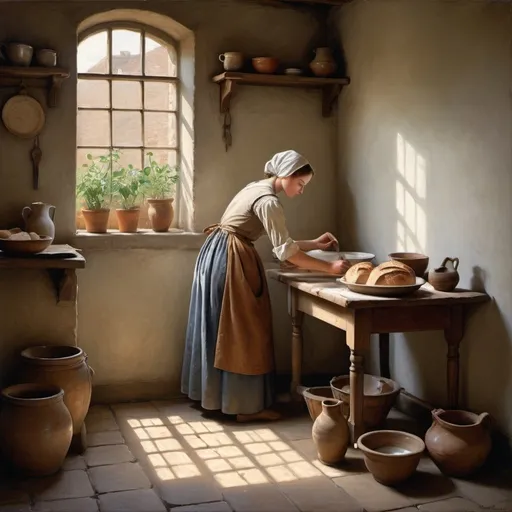 Prompt: The painting depicts a robust young woman in a humble kitchen  engrossed in the simple yet profound act of pouring milk 

The scene is bathed in soft  natural light filtering through a window  casting gentle shadows and highlighting the textures and details with stunning precision  The artist’s brushwork captures the delicate interplay of light and shadow  creating a serene  almost meditative atmosphere  The milkmaid herself is a picture of quiet dignity and concentration  her face reflecting a sense of calm and purpose  Her clothing  rendered in rich  warm hues  contrasts beautifully with the cool  muted tones of the background  drawing the viewer’s eye to her graceful figure 

The kitchen is modestly furnished  with rustic elements that suggest the simplicity and austerity of everyday life in 17th century Holland  A sturdy wooden table  on which sits a ceramic jug and a loaf of bread  anchors the composition  The artist’s meticulous attention to detail is evident in the intricate patterns of the bread’s crust and the subtle variations in the texture of the milk being poured  Every element in the painting  from the worn tiles on the floor to the faint cracks in the plastered walls  is rendered with exquisite realism 

This painting  though created by an unknown hand  evokes a deep sense of tranquility and reverence for the mundane  It speaks to the timeless beauty found in ordinary moments and the profound dignity of daily labor  It’s a masterful testament to the artist’s skill in capturing the essence of a simple  yet deeply meaningful  human experience  In this universe  this piece stands as a celebrated masterpiece  an enduring symbol of the grace and beauty that lies within the everyday 