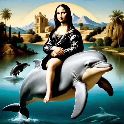 Prompt: Mona Lisa, full from head to toe body shot, riding a dolphin 