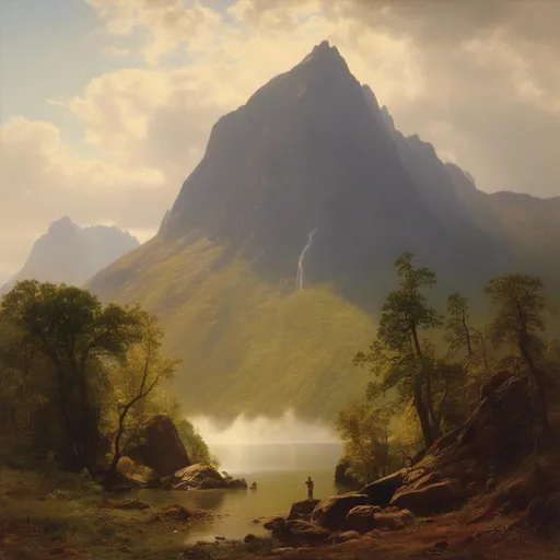 Prompt: <mymodel>  a painting of a  brave knigh standing on a rock with a sword in his hand and a mountain in the background, Albert Bierstadt, hudson river school, matte painting, a matte painting