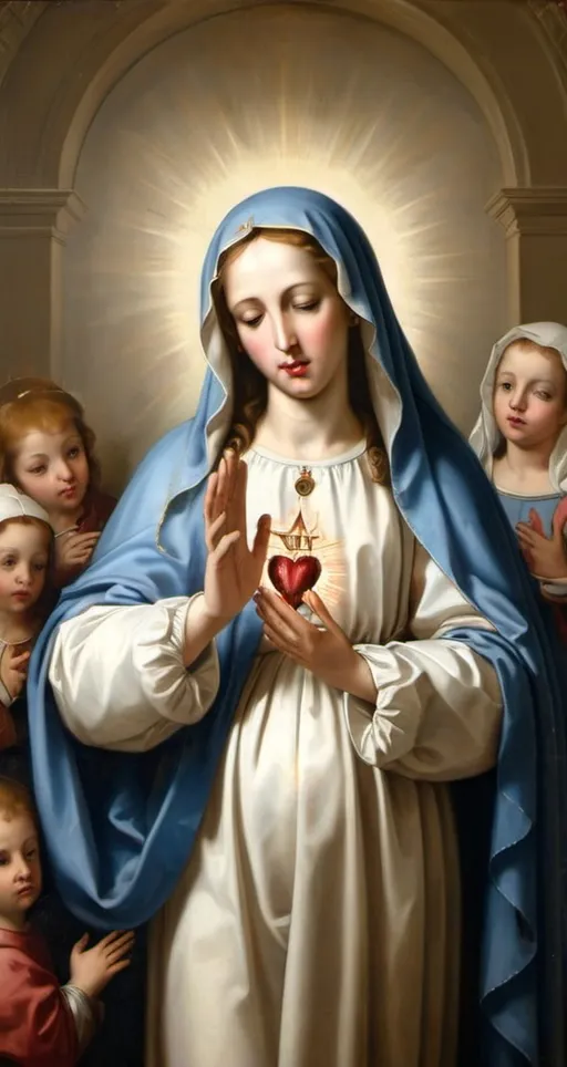 Prompt: a painting of the Virgin Mary holding  her immaculate heart  , Anne Said, gothic art, renaissance oil painting, a flemish Baroque