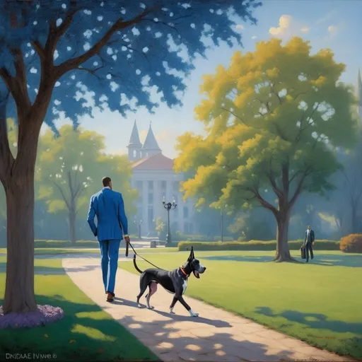 Prompt: a painting of a man walking a "Great Dane" on a leash in a park with a man in a blue suit,  naive art, kinkade, a fine art painting