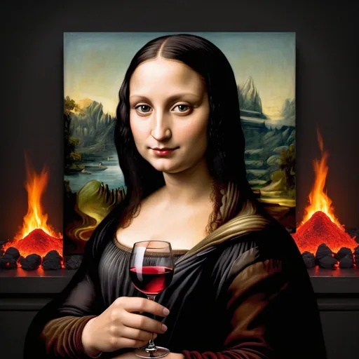 Prompt: Mona Lisa holding a wine glass containing  red hot volcanic lava  at night 