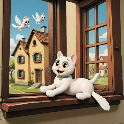 Prompt: Create an image from inside of a home of a [happy cat] lying comfortably on a ledge inside of a  [window that is wide open ].  in a [picturesque small village].
a white [dove] with its wings spread wide open, perched gracefully inside, fly over  the cat.
