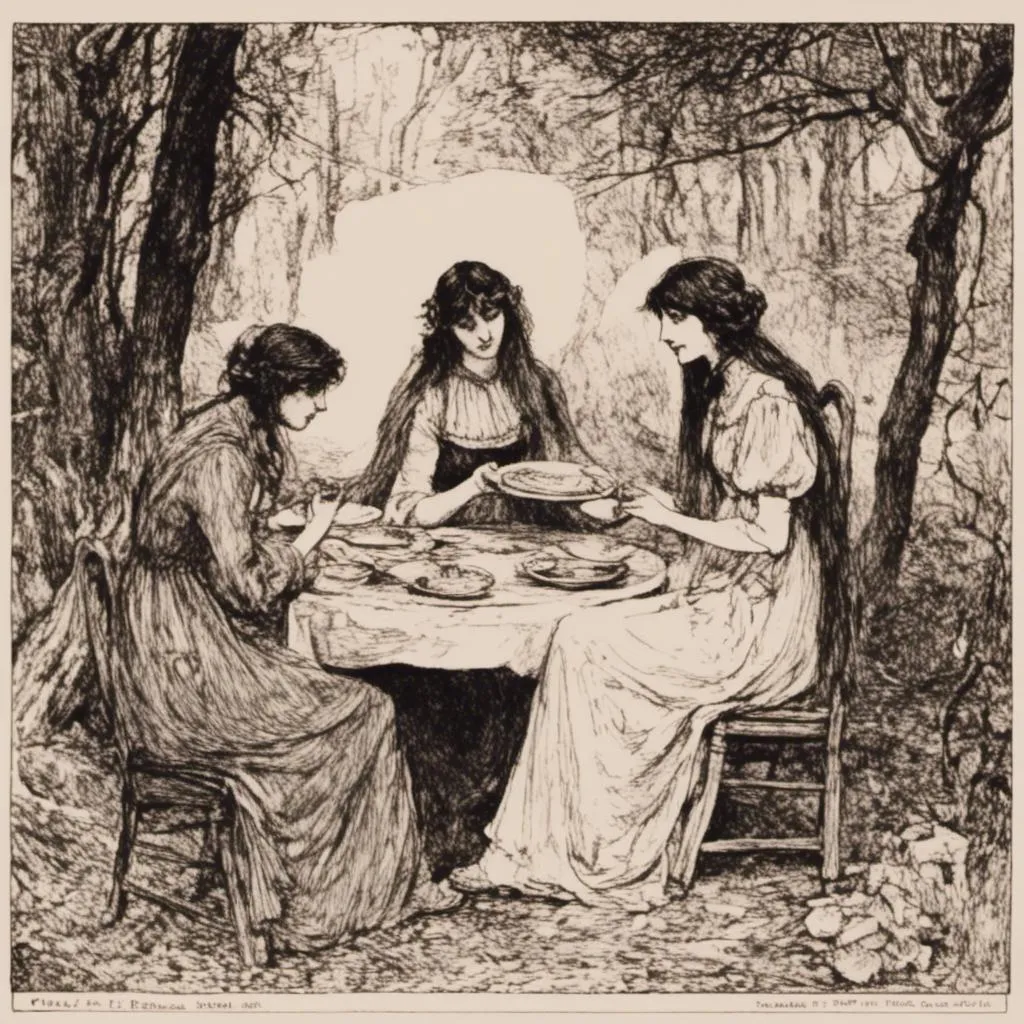 Prompt: <mymodel>a drawing of three women sitting at a table in the woods, one of them is holding a plate, Celia Frances Bedford, pre-raphaelitism, pre - raphaelite, a storybook illustration