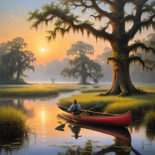 Prompt: Create a UHD, 64K, professional oil painting in the style of Carl Heinrich Bloch, blending the American Barbizon School and Flemish Baroque influences. Depict  An ancient oak tree in a Louisiana swamp covered in Spanish moss with a family of deer drinking from the water nearby, A tranquil bayou scene at sunset with a lone canoe drifting in the water and vibrant reflections of the setting sun, A foggy morning in the swamp with a mysterious figure paddling a canoe through the mist surrounded by wildlife awakening