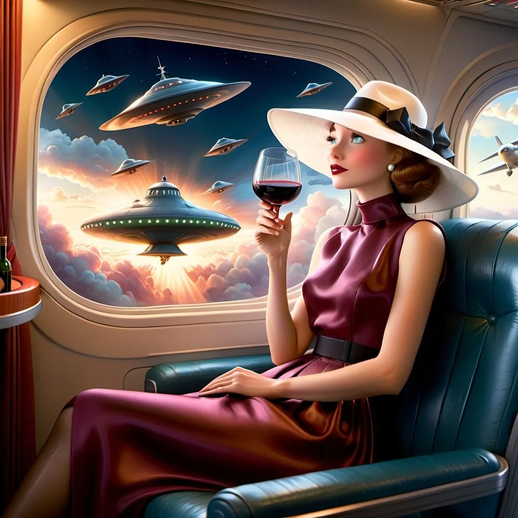 Prompt: a 21-year-old woman in a long flower print Empire Dress with a high neck line and white hat  sitting on an airplane seat with a hat on her head, drinking red wine, and an attacking UFO in the night shy in in the background with a window, Annie Leibovitz, precisionism, promotional image, an art deco painting