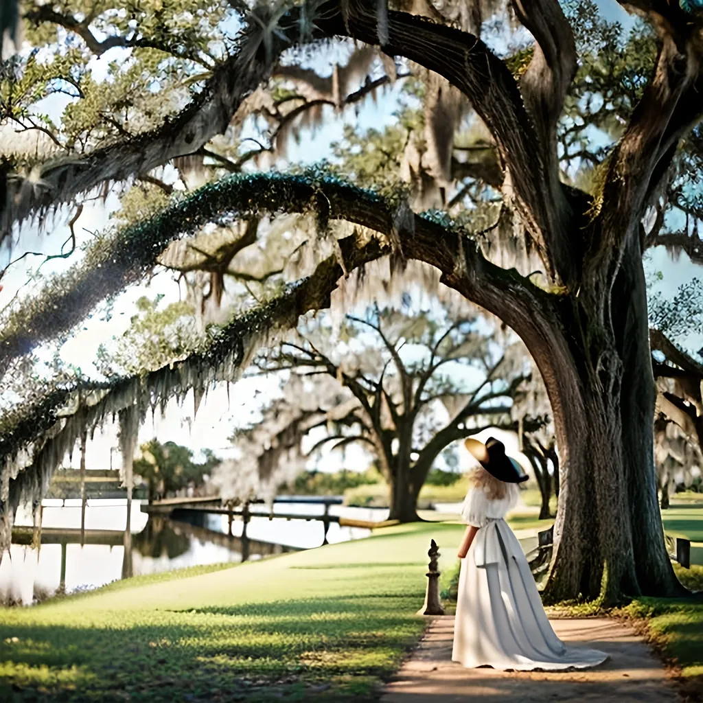 Prompt: 18th century French, Evangeline standing under an oak tree Spanish moss  looking  at  the  Bayou waiting for her forever lost love Gabriel 