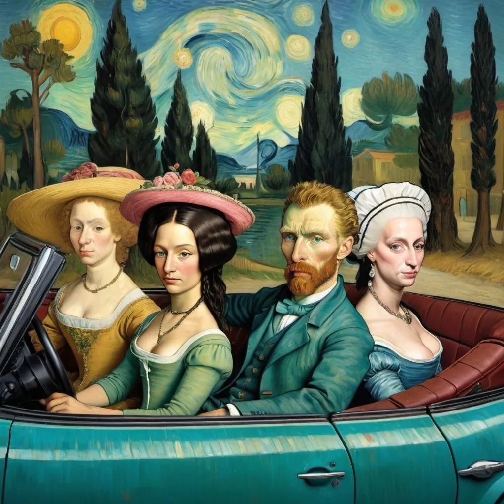 Prompt: Vincent van Gogh  driving a convertible with, Mona Lisa,  Helen of Troy, and   Marie Antoinette 