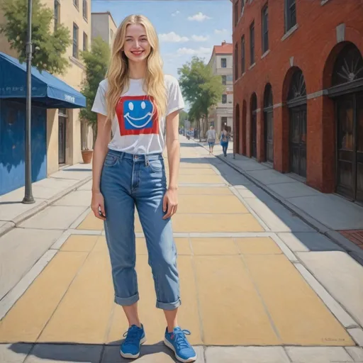 Prompt: a full-length portrait painting, 
27 year-old woman, 
cover with dark freckle,
blue eyes, long blonde hair, 
red lipstick, a smile on her face,
standing on  sidewalk chart art, 
smiley-face  t-shirt, 
long blue jean,
blue tennis shoes,
academic art, renaissance oil painting