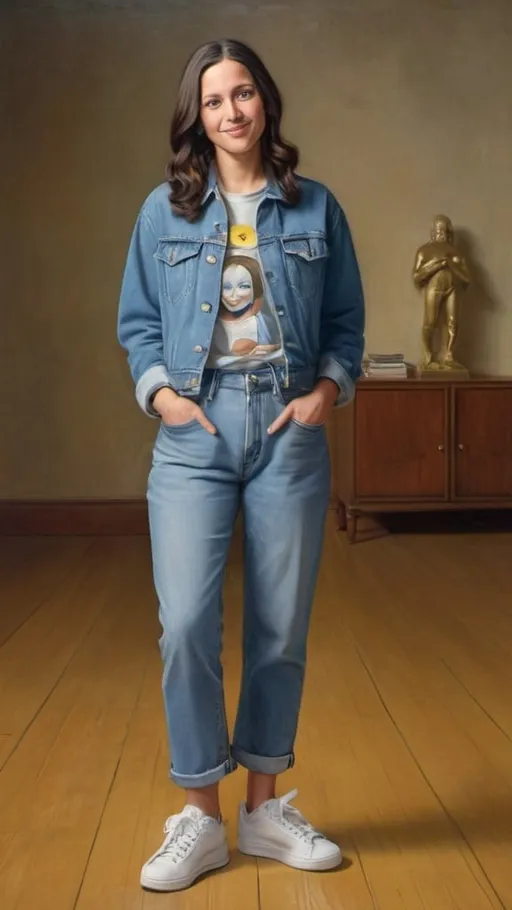 Prompt: a full-length portrait painting,
Mona Lisa,
standing a wax wood floor
a smile on her face, 
gold-earrings-with-a-smiley-face- ON-them,  
smiley-face-T-shirt, 
long blue jean,
blue tennis shoes,
1970s oil painting,

