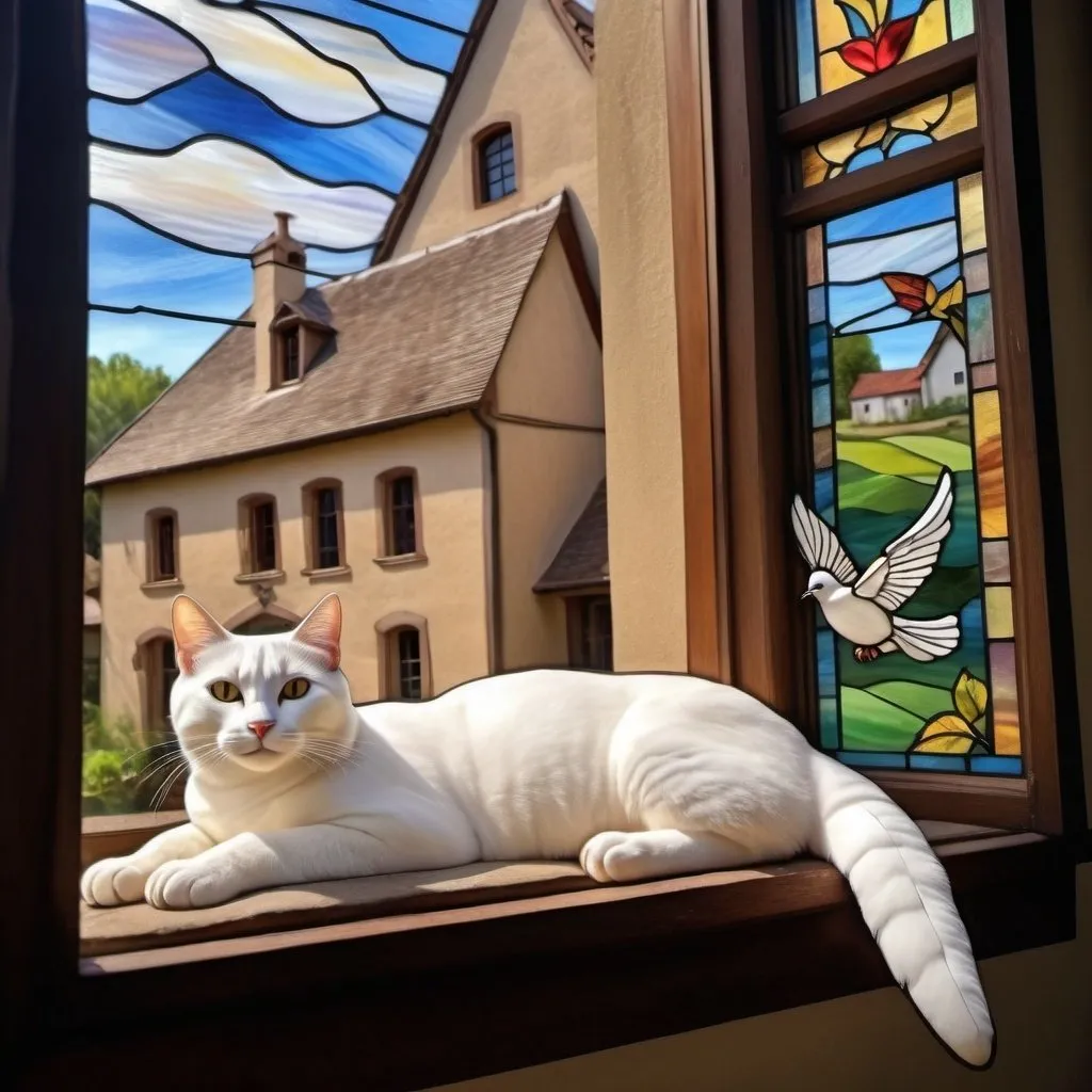 Prompt: Create an image from inside of a home of a [happy cat] lying comfortably on a ledge inside of a  [window that is wide open ].  in a [picturesque small village].
a white [dove] with its wings spread wide open, perched gracefully inside, fly over  the cat.
