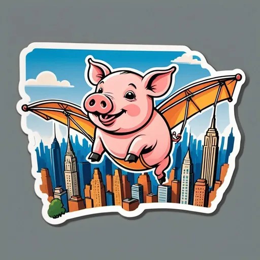 Prompt: a  pig ,  flying over New York city  on hang glider, 