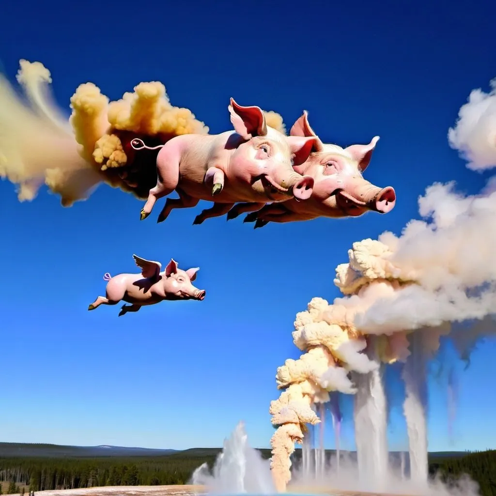 Prompt: three pigs flying over Old Faithful
