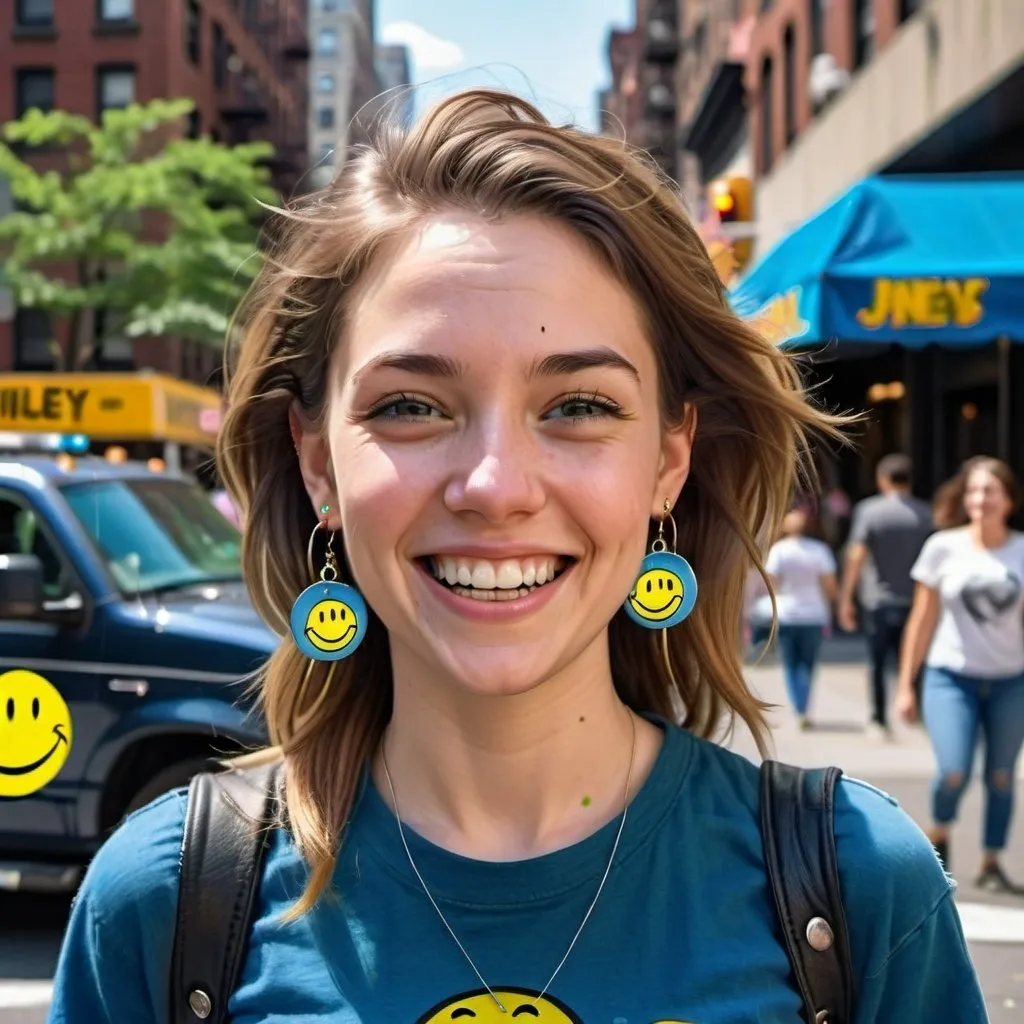 Prompt: photorealistic portrait of a [(27 year-old woman), (a smile on her face), ( smiley earrings), (smiley t-shirt), (long blue jean), ] in New York city, looking very happy  at an attacking UFO