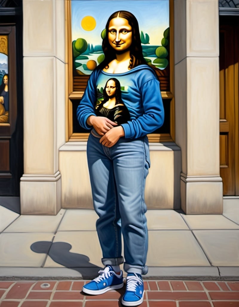 Prompt: a full-length portrait painting,
Mona Lisa,
standing on the sidewalk outside the 	Globe Theatre, 
smiley-face  t-shirt, 
long blue jean,
blue tennis shoes,
academic art, renaissance oil painting