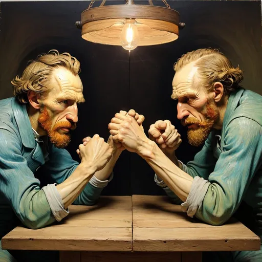 Prompt:  "Vincent van Gogh" Arm wrestling "Joseph Ducreux"