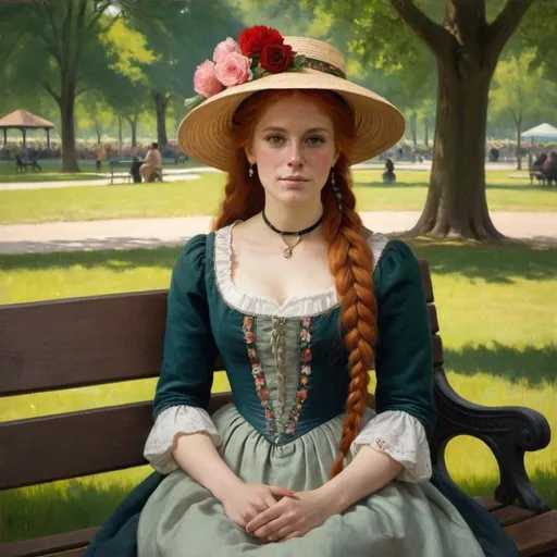 Prompt: Painting of a woman with long red hair in French braid sitting on a bench in a park wearing a hat and dress with flowers,  Portrait by  Albert Bierstadt
