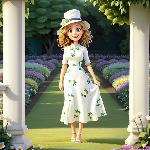 Prompt: happy 27-year-old woman in an long ankle length  flower print  Empire Dress with a high neck line and white hat, standing on the green grass, a beautiful expressive face, curly blond hair, full-length, feet, in an amazingly beautiful garden, exactly beautiful photo , highly photo, full-length photo, 1970s oil painting