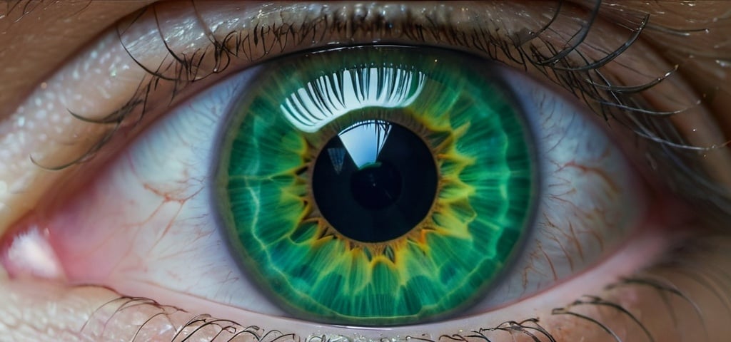 Prompt: photo, Close-up of the iris eye of a green eye human.