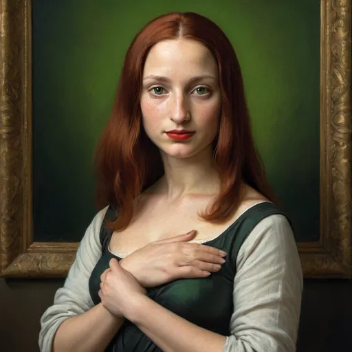 Prompt: portrait painting, Mona Lisa,  torso,  high neckline,  lap, folded hands in lap, dark freckle, red hair, green eyes, red lipstick,