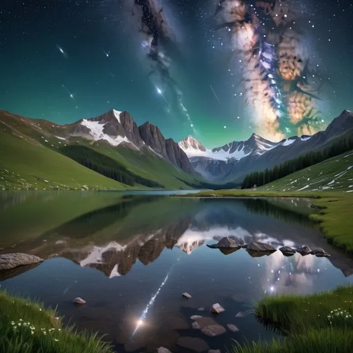 Prompt: an image showing the hope of new day. looking east. In foreground there is green meadows and large reflecting lake. the distended horizons of rugged mountains with snow on the peaks. The sky is completely clear of clouds. the sky is fill with the stars, milky way. the lighting is the stars and  milky way. 




