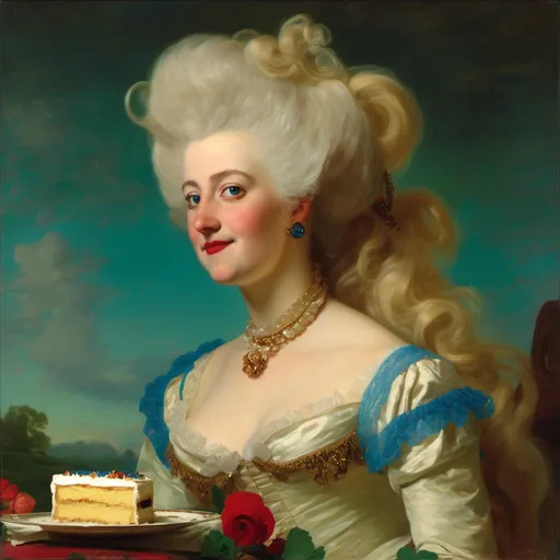 Prompt: a half-length Portrait   of Marie Antoinette cover with dark freckle blue eyes  long blonde hair red lipstick  on a smile on her face, "gold earrings"  renaissance dress eating cake with a green background and a blue sky,   <mymodel>