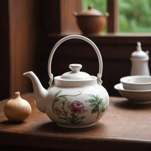 Prompt: Theepotten by Hans Christian Andersen 

a smiley teapot 
a tea pot with a flower painted on it and a plate with a bowl on it next to it, Annabel Kidston, arts and crafts movement, finely detailed features, a still life