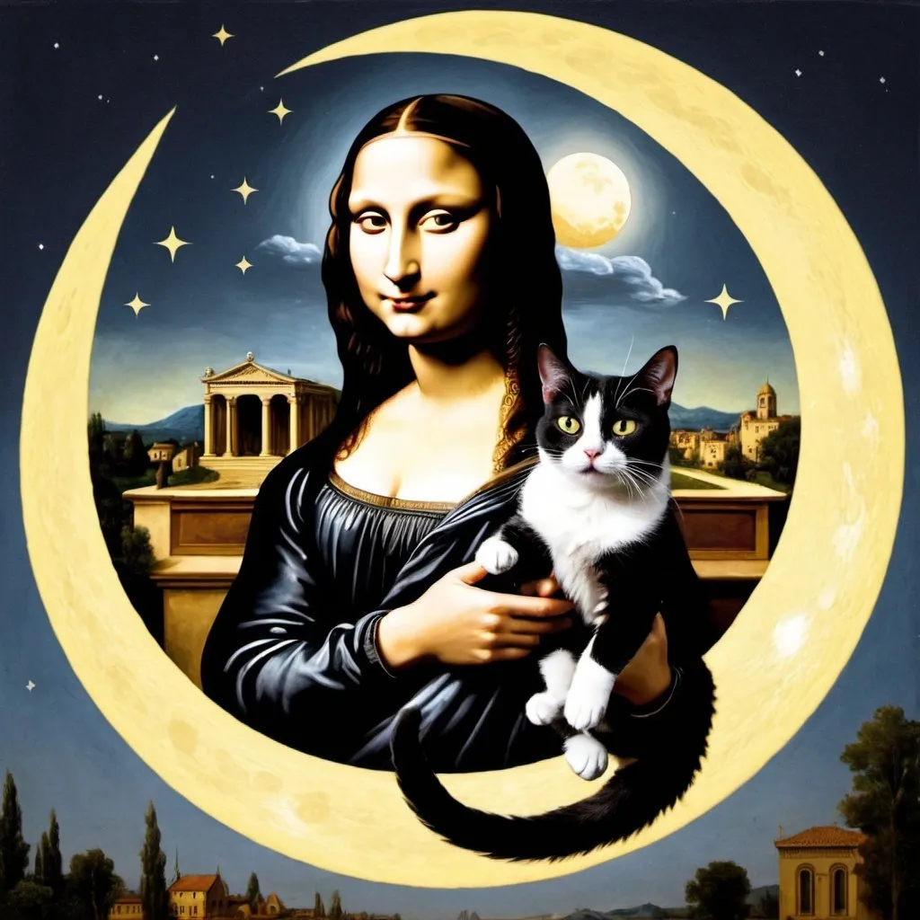 Prompt: Mona Lisa riding a cat that is jumping over the Moon.