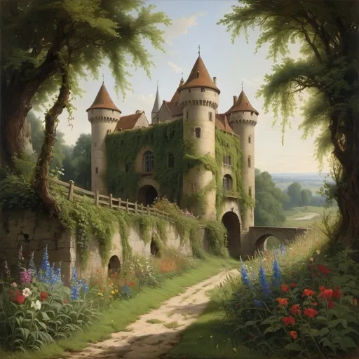 Prompt: a painting of a castle  overgrown with vines and wildflowers  with a path leading to it and flowers in front of it and a fence and a stream in a field with flowers and trees around, The castle itself  though old and ruined in many parts had evidently been at one time a place of considerable strength, in the style of Carl Heinrich Bloch, blending the American Barbizon School and Flemish Baroque influences.  
