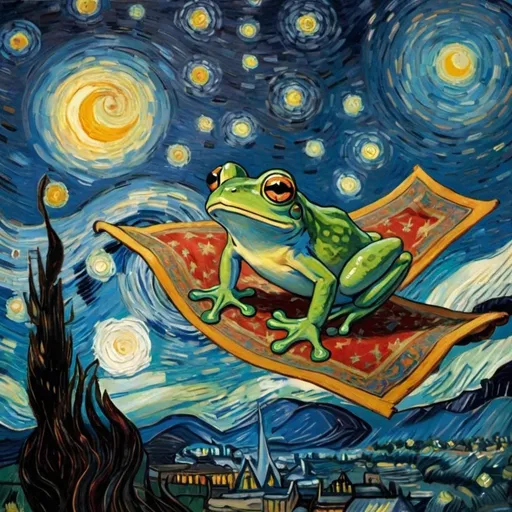 Prompt: a frog  flying on a "magic carpet" in "The Starry Night" by Vincent van Gogh