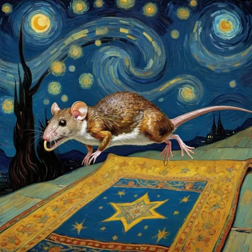 Prompt: A shrew flying on a "magic carpet" in "The Starry Night" by Vincent van Gogh