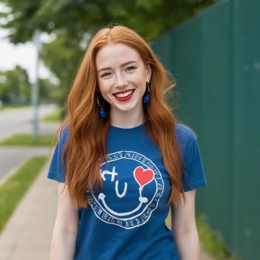 Prompt: a full-length portrait,  
27 year-old woman, 
walking,
cover with dark freckle, 
green eyes, 
long ginger hair, 
red lipstick, 
a smile on her face, 
(smiley-face-earrings),  
smiley-face t-shirt, 
long blue jean, 
red and blue tennis shoes,  
photo 