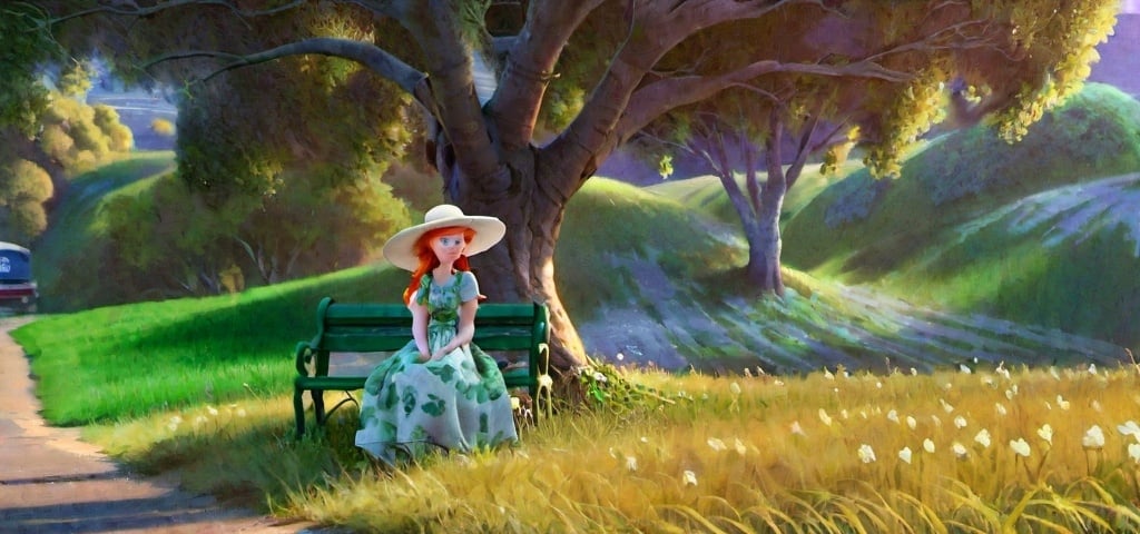 Prompt: professional painting of beautiful 25-year-old woman long hair ginger in a French braid a white hat long cotton flower print Empire Dress with a high neck line) sitting on a green bench sitting under a tree on a lush green hillside next to a sidewalk and a sidewalk with a sidewalk, realistic painting, HDR, UHD, 64K