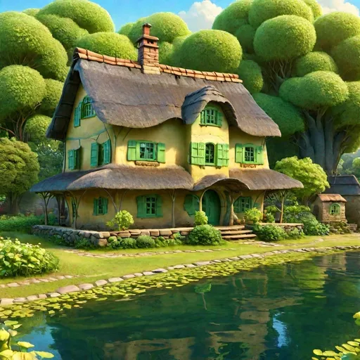 Prompt: create a very detailed and magnificent cottage in a water pond ,  in east Africa 