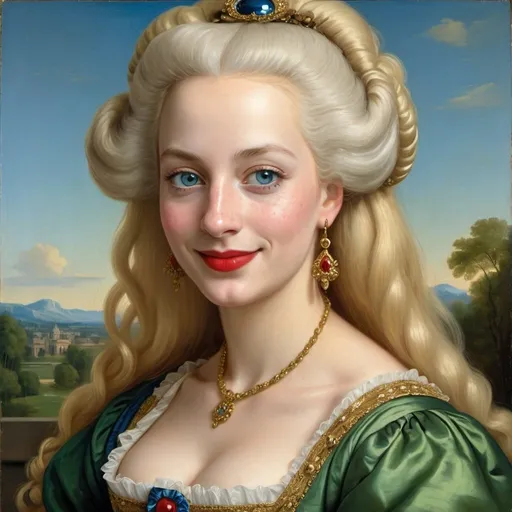 Prompt: a half-length portrait painting  of Marie Antoinette cover with dark freckle blue eyes  long blonde hair red lipstick  on a smile on her face, "gold earrings"  renaissance dress with a green background and a blue sky, Fra Bartolomeo, academic art, renaissance oil painting, a painting in the style of  Mona Lisa