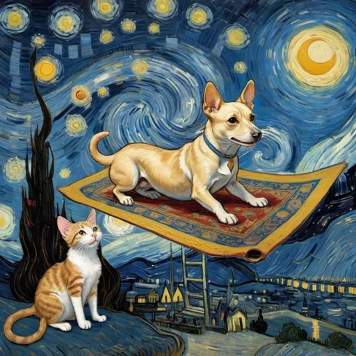 Prompt: A dog, cat, and mouse  flying on a "magic carpet" in "The Starry Night" by Vincent van Gogh