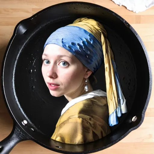 Prompt: "the girl with the pearl earring"  frying eggs in a cast iron skillet