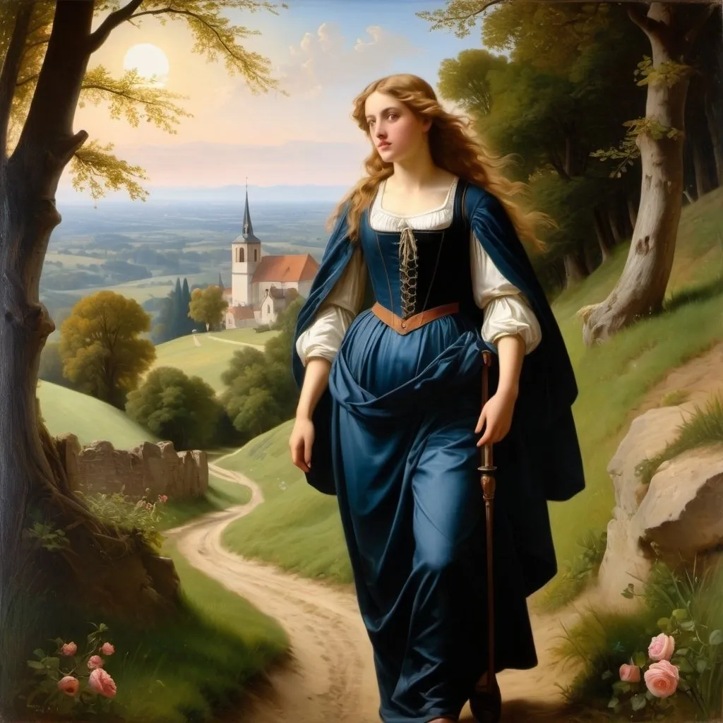 Prompt: Create a UHD, 64K, professional oil painting in the style of Carl Heinrich Bloch, blending the American Barbizon School and Flemish Baroque influences. Depict, I met a traveler from an antique land, Up yonder hill the village murmur rose;