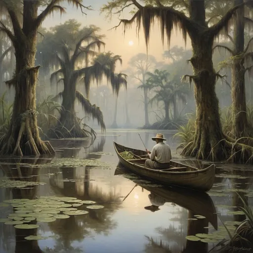 Prompt: Create a UHD, 64K, professional oil painting in the style of Carl Heinrich Bloch, blending the American Barbizon School and Flemish Baroque influences. Depict a serene and mystical Louisiana swamp scene. The foreground features cypress trees with gnarled roots emerging from the murky water, draped with Spanish moss that hangs like delicate lace. The water's surface reflects the lush greenery and is dotted with water lilies and the occasional ripple from unseen creatures.

In the midground, a wooden pirogue (small boat) with an old fisherman casting a net adds a human element to the natural landscape. His weathered face shows concentration and a deep connection with his surroundings. The background fades into a misty horizon where the dense foliage of the swamp seems to merge with the sky.

The setting includes wildlife typical of a Louisiana swamp: an alligator sunning itself on a log, a great blue heron standing still in the water, and a family of turtles basking on a fallen branch. The atmosphere is humid and still, with shafts of sunlight piercing through the canopy, illuminating the swamp with a soft, golden light. The painting captures the tranquil beauty and eerie mystery of the swamp, emphasizing its rich biodiversity and the harmony between the people and their environment.