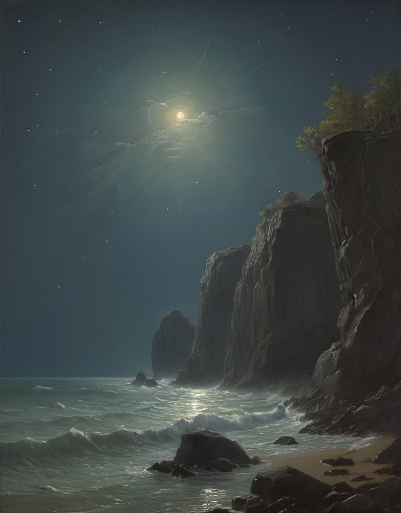 Prompt: a painting of a rocky cliff with a body of water below it and a sunbeam in the sky, Fitz Hugh Lane, hudson river school, moonlight, a painting in the style of "The Starry Night" by Vincent van Gogh